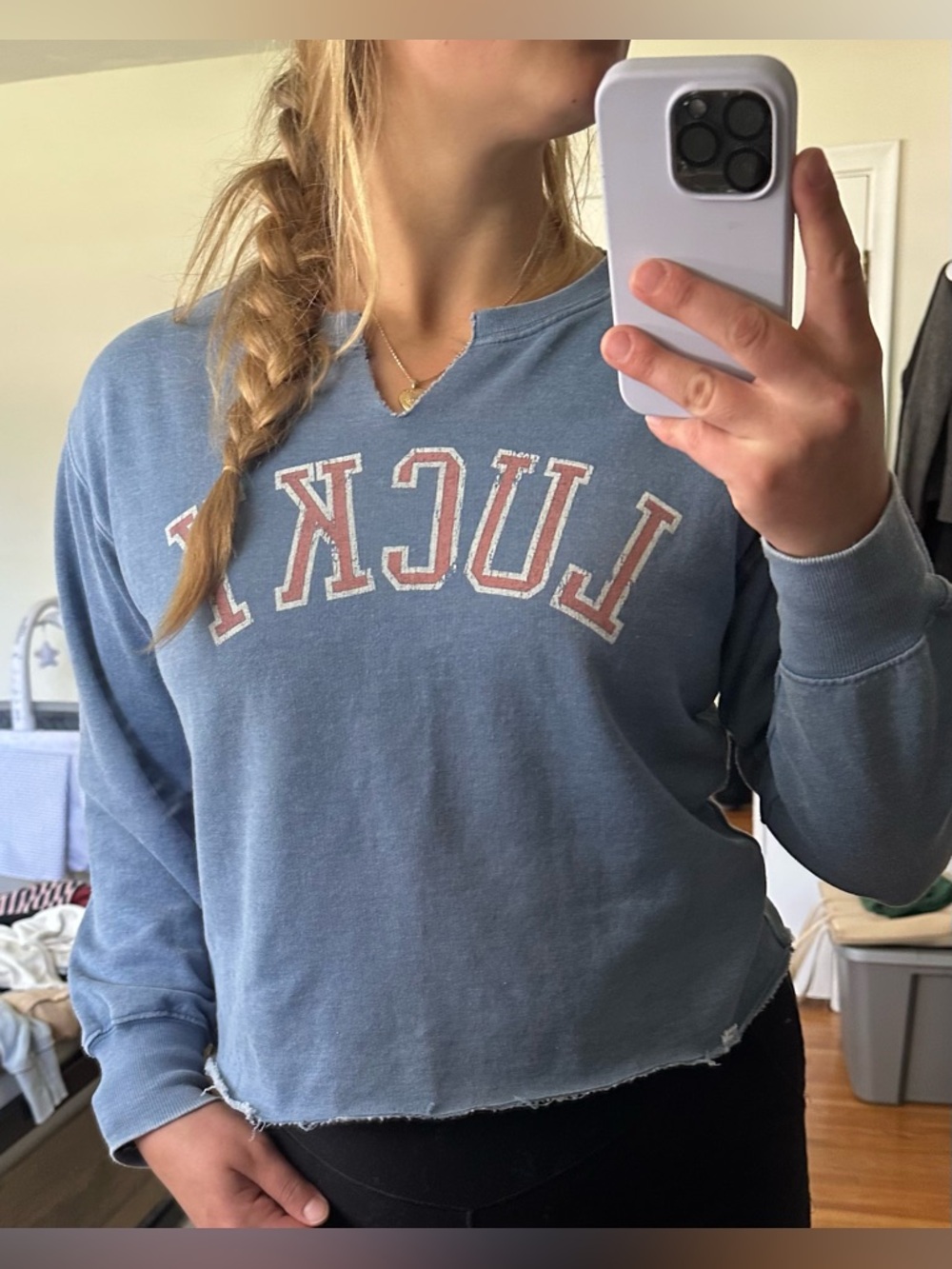 Lucky Brand Blue Pullover Sweatshirt with Distressed Hem